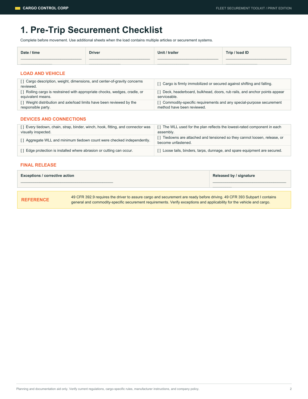 Pre-trip securement checklist preview